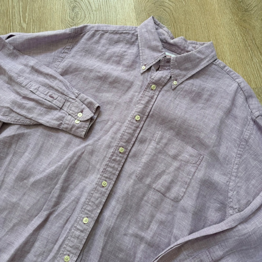 Brooks Brothers 346 Linen Button Down Shirt Mens XL Purple Houndstooth LS